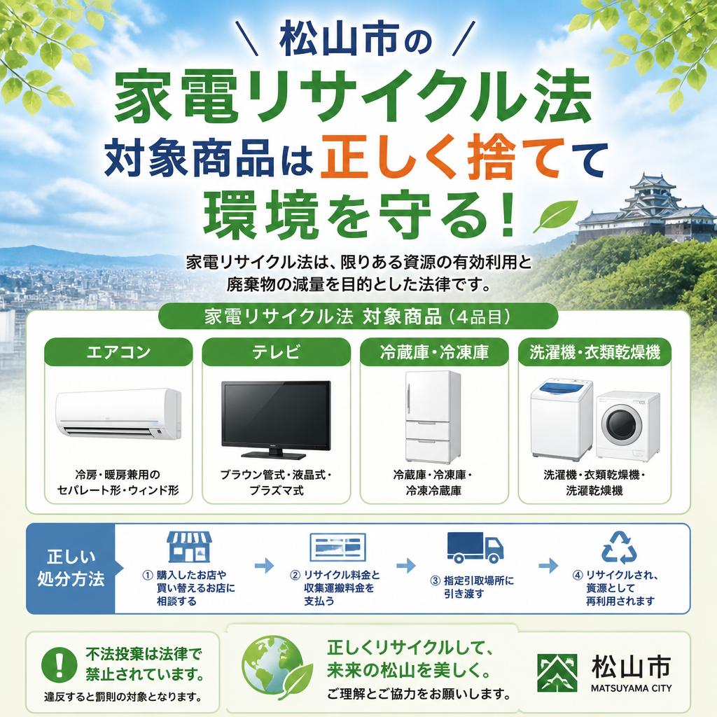 松山市の家電リサイクル法対象商品｜テレビ｜冷蔵庫｜洗濯機｜エアコン
